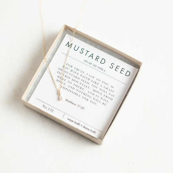 Mustard Seed necklace with gold dipped CZ pendant and verse card 