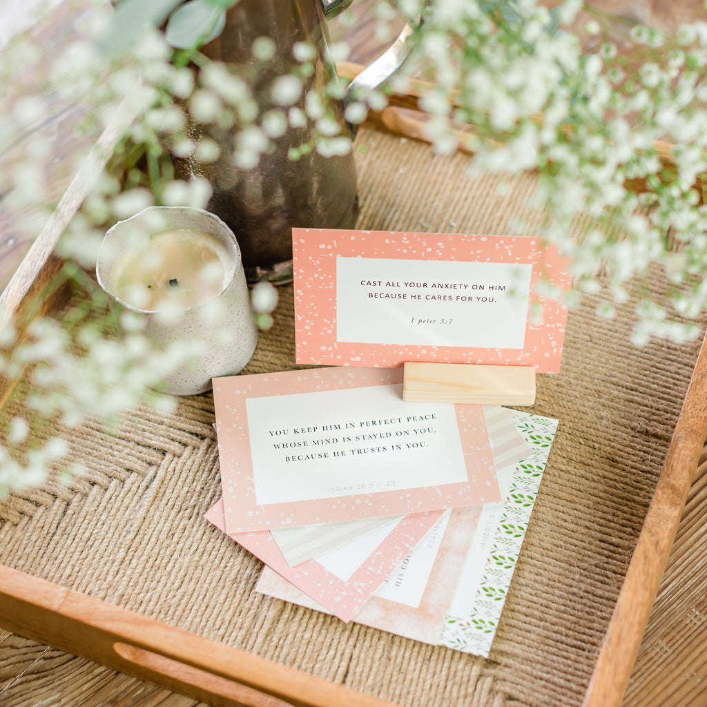 Scripture Verse card Promise Pack on tray displayed with candle and pitcher with flowers