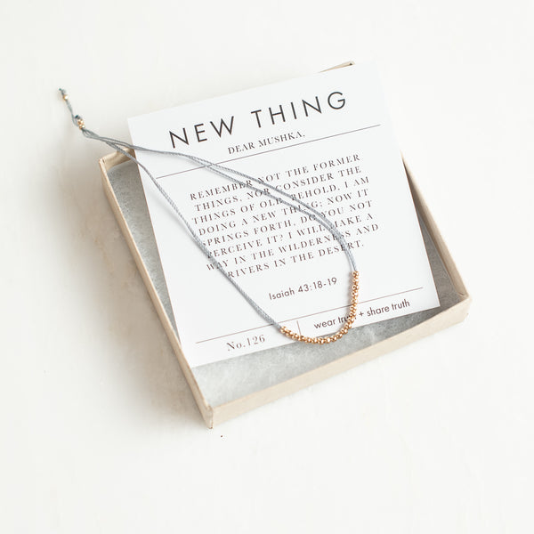 New thing grey thread and brass bead bracelet and verse card